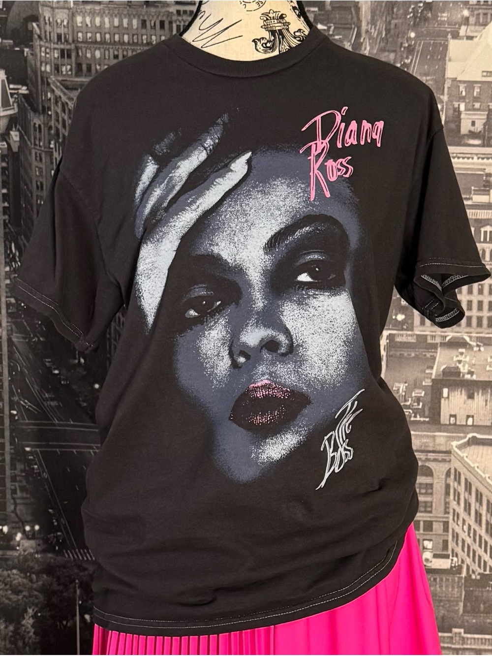 Black Graphic Tee with Pink Accent